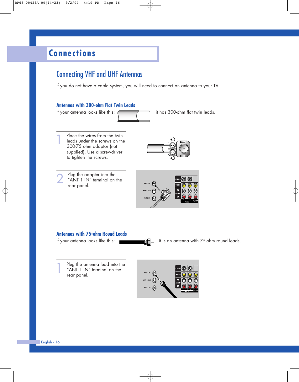 Connecting vhf and uhf antennas, Antennas with 300-ohm flat twin leads, Antennas with 75-ohm round leads | Connections | Samsung HL-P4674W User Manual | Page 16 / 96