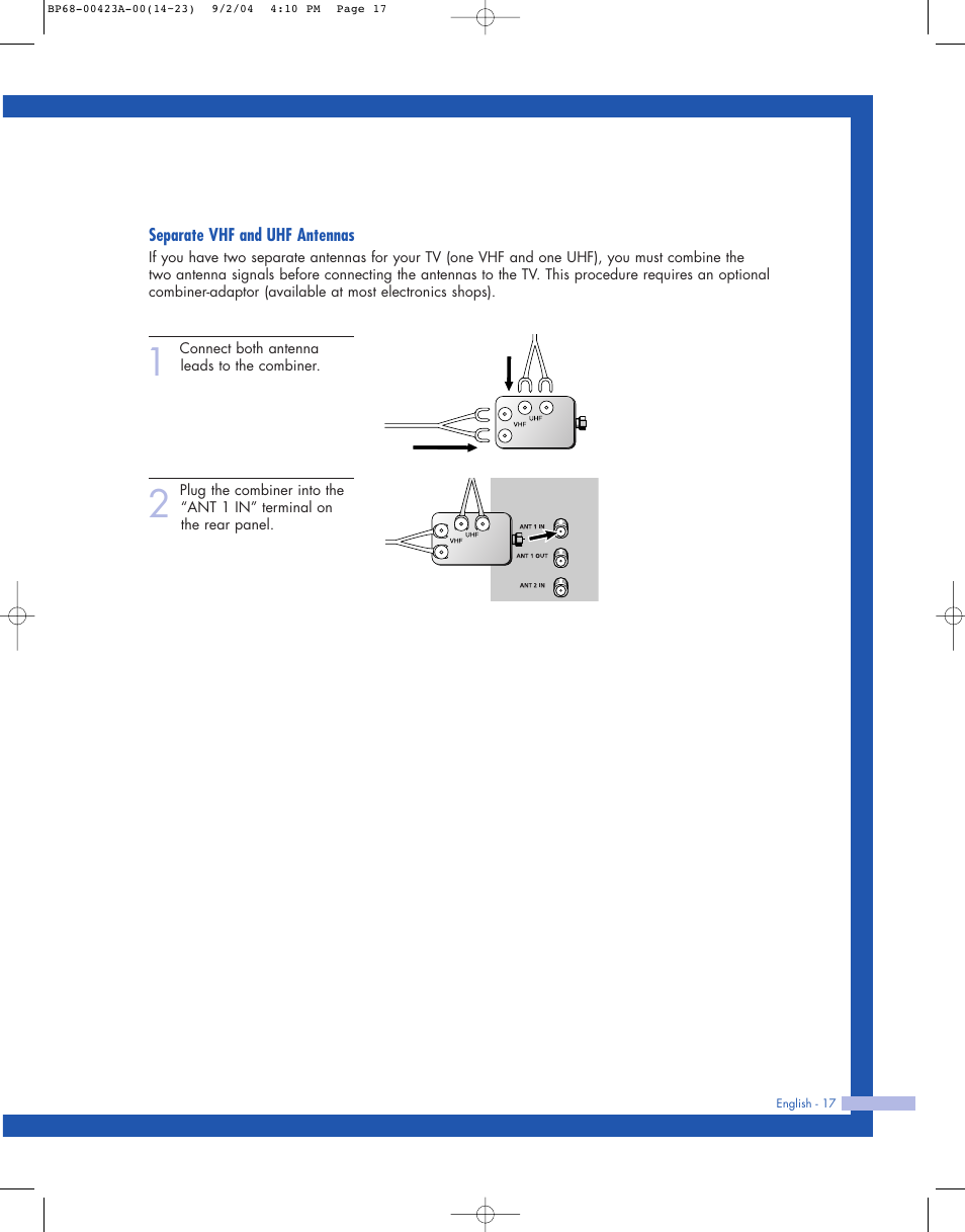 Separate vhf and uhf antennas | Samsung HL-P4674W User Manual | Page 17 / 96