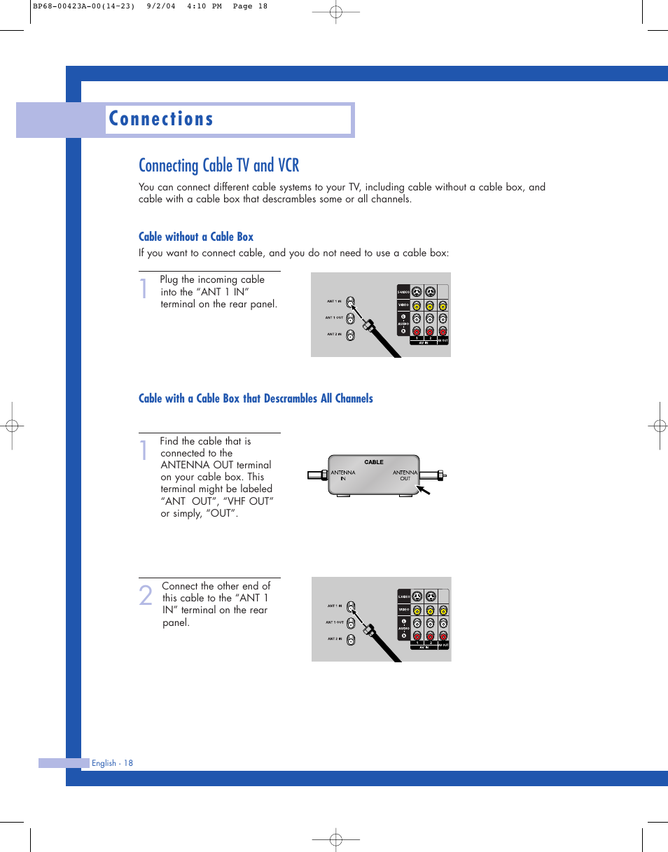 Connecting cable tv and vcr, Cable without a cable box, Connections | Samsung HL-P4674W User Manual | Page 18 / 96