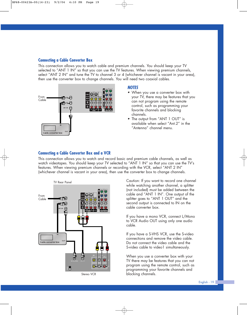 Connecting a cable converter box, Connecting a cable converter box and a vcr | Samsung HL-P4674W User Manual | Page 19 / 96