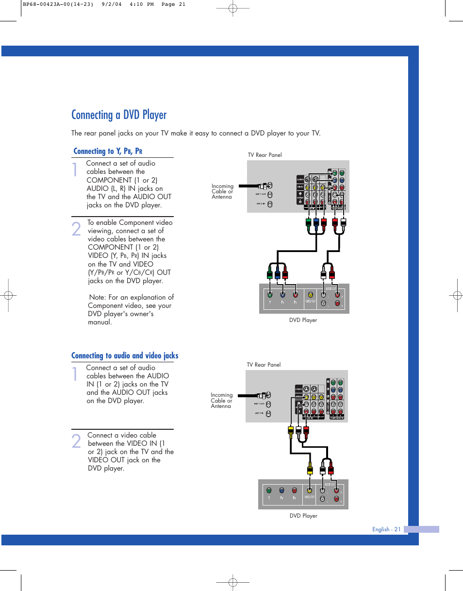 Connecting a dvd player, Connecting to y,pb,pr, Connecting to audio and video jacks | Samsung HL-P4674W User Manual | Page 21 / 96