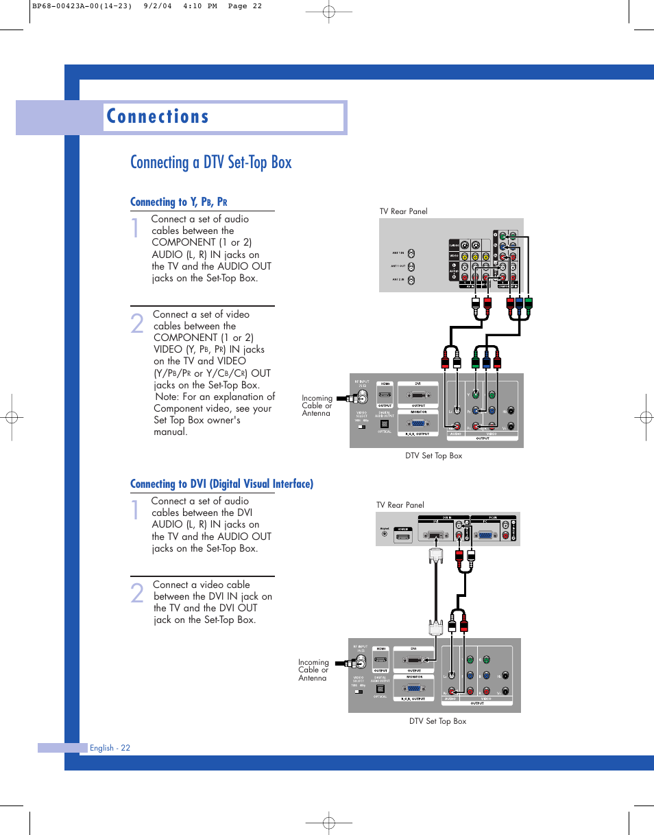 Connecting a dtv set-top box, Connecting to y,pb,pr, Connecting to dvi (digital visual interface) | Connections | Samsung HL-P4674W User Manual | Page 22 / 96