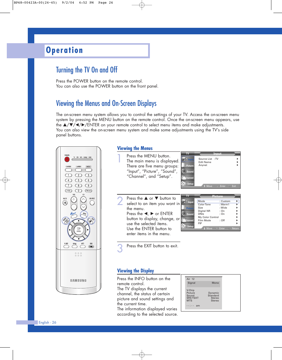 Turning the tv on and off, Viewing the menus and on-screen displays, Operation | Viewing the menus, Viewing the display | Samsung HL-P4674W User Manual | Page 26 / 96