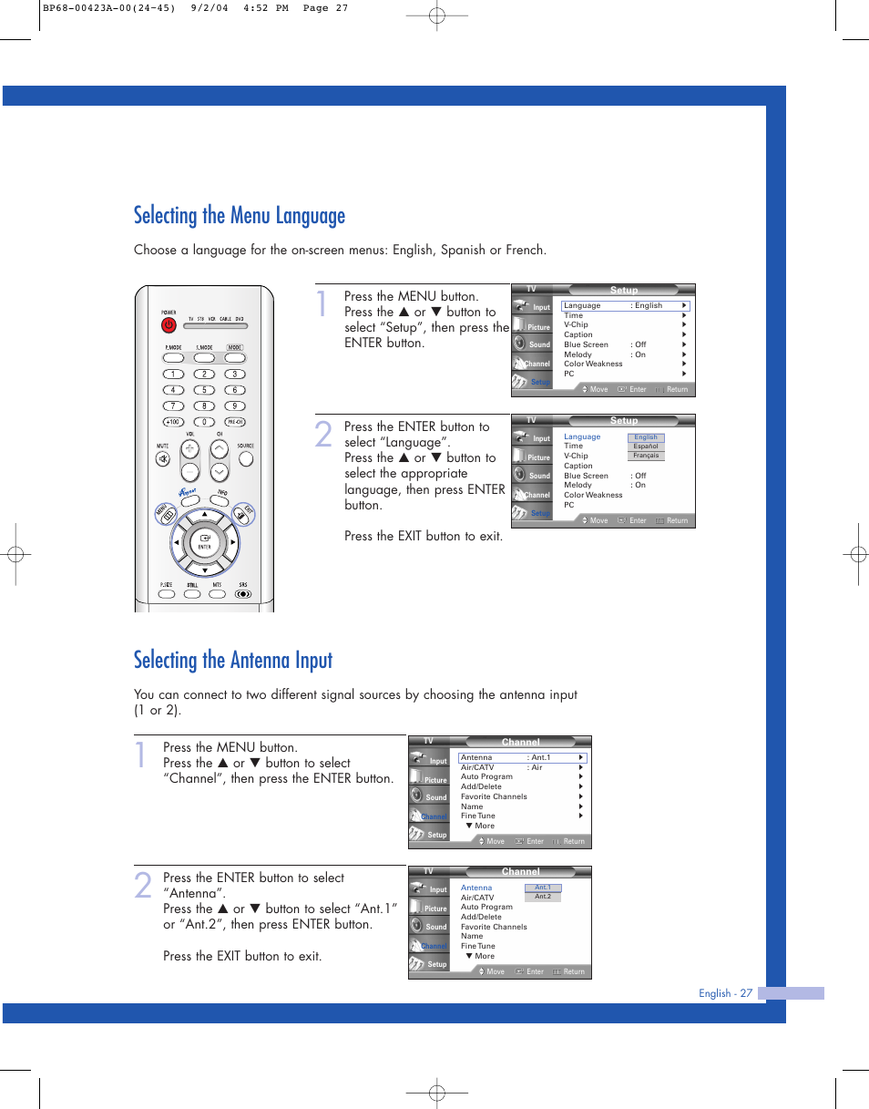 Selecting the menu language, Selecting the antenna input | Samsung HL-P4674W User Manual | Page 27 / 96