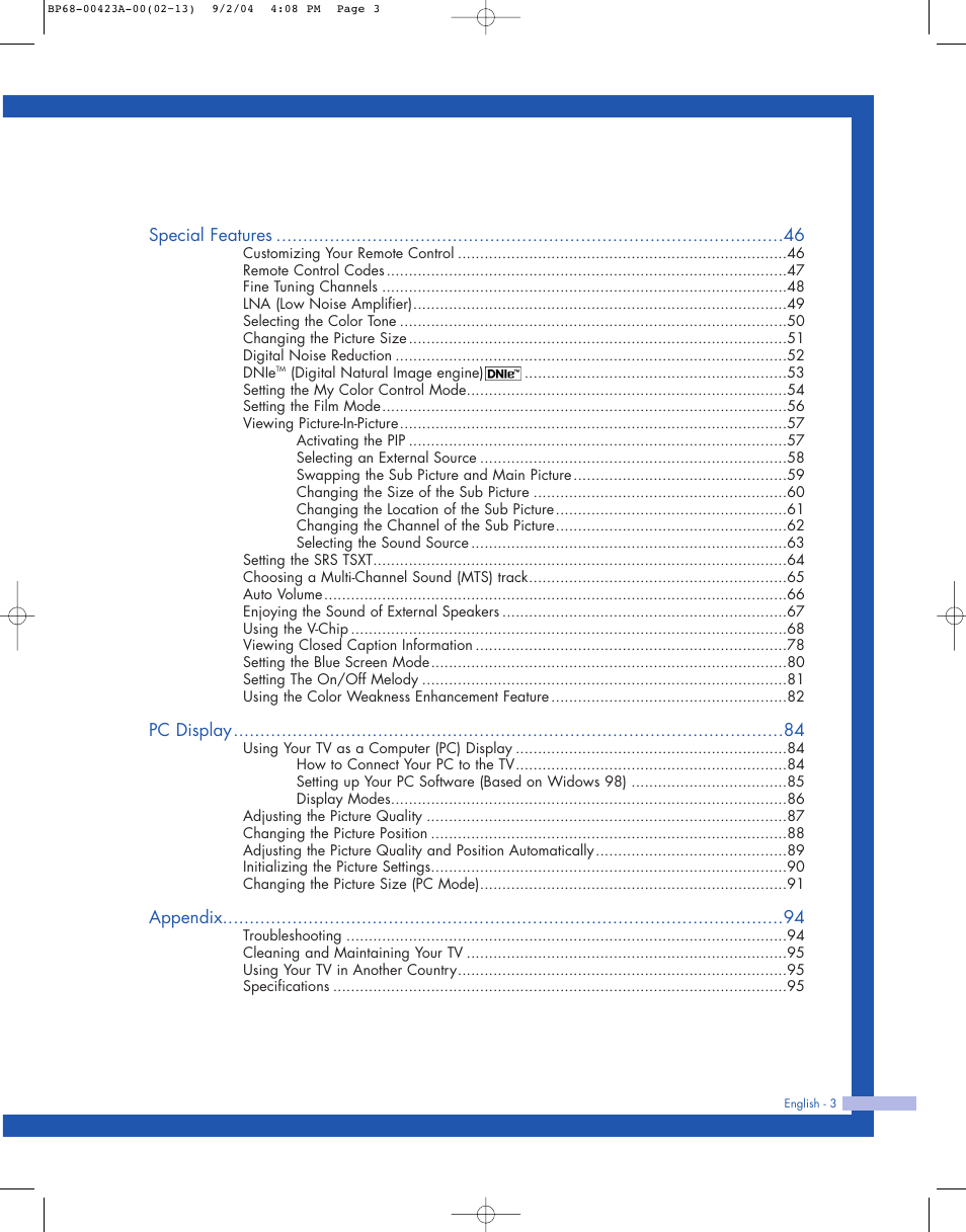 Samsung HL-P4674W User Manual | Page 3 / 96
