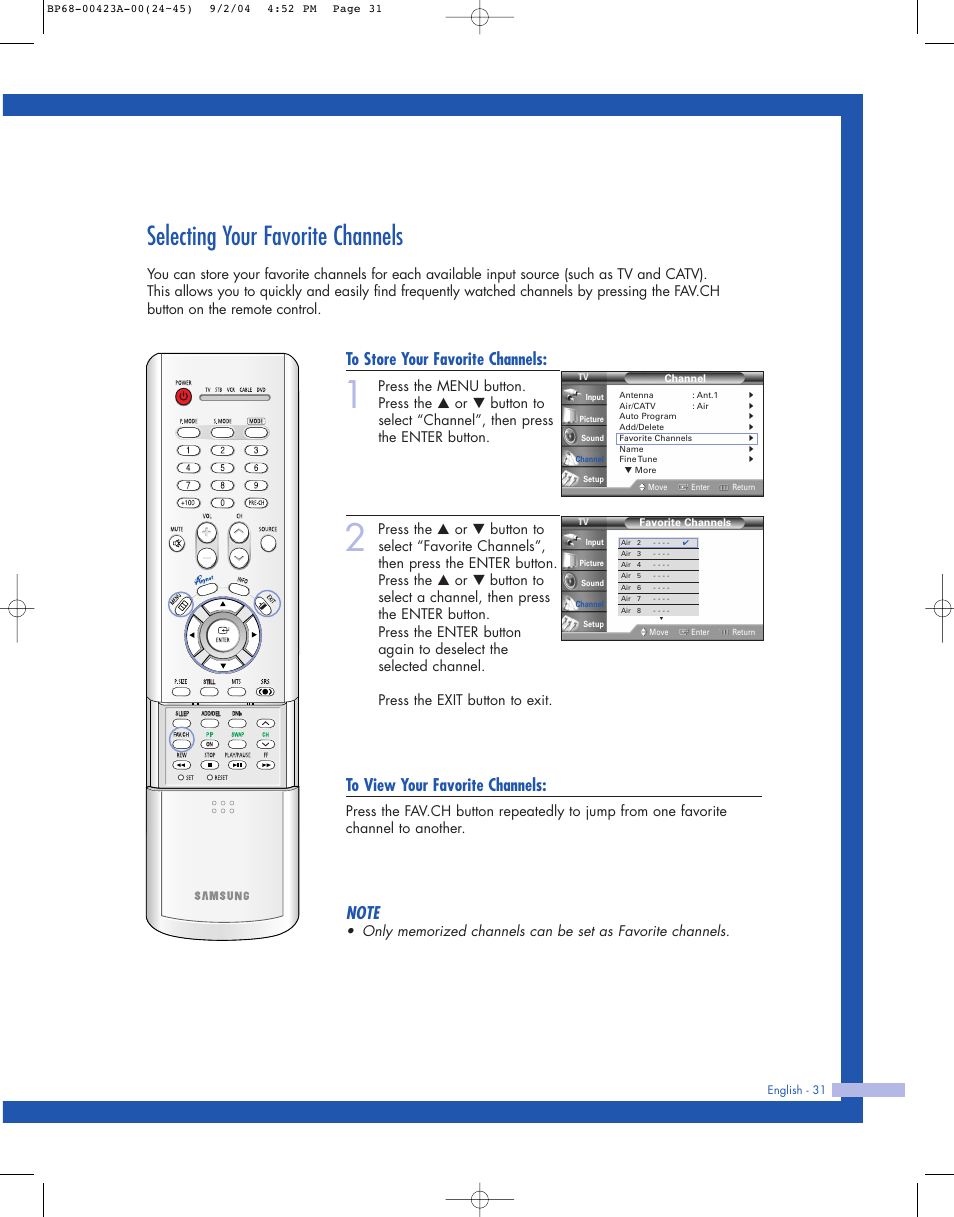 Selecting your favorite channels | Samsung HL-P4674W User Manual | Page 31 / 96