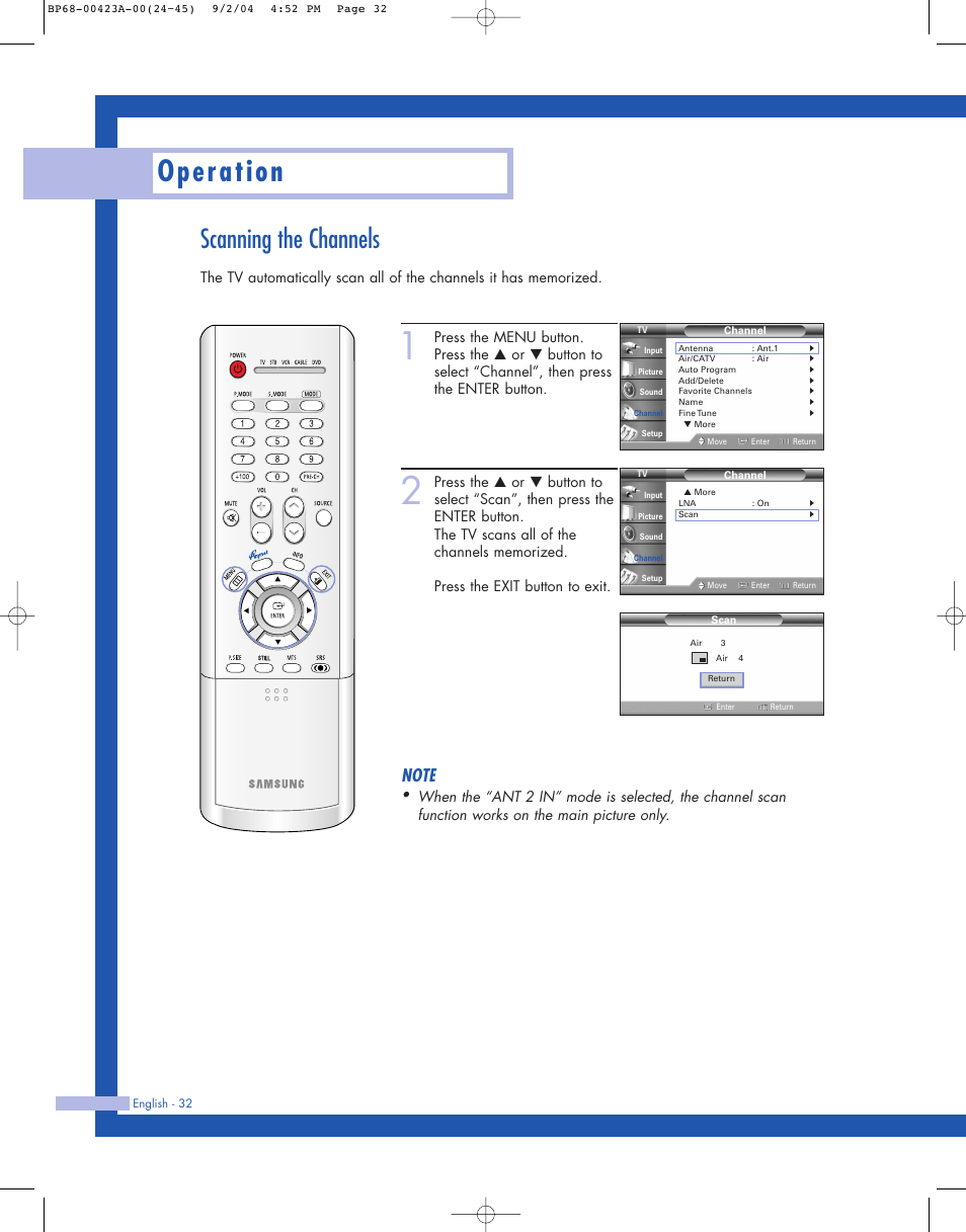 Scanning the channels, Operation | Samsung HL-P4674W User Manual | Page 32 / 96