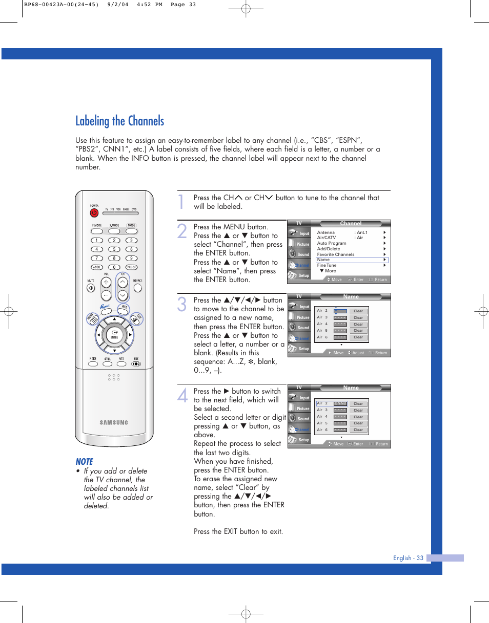 Labeling the channels | Samsung HL-P4674W User Manual | Page 33 / 96