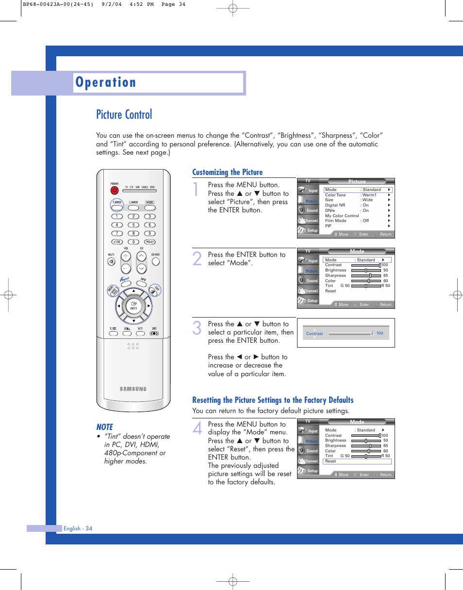 Picture control, Operation, Customizing the picture | Press the enter button to select “mode | Samsung HL-P4674W User Manual | Page 34 / 96