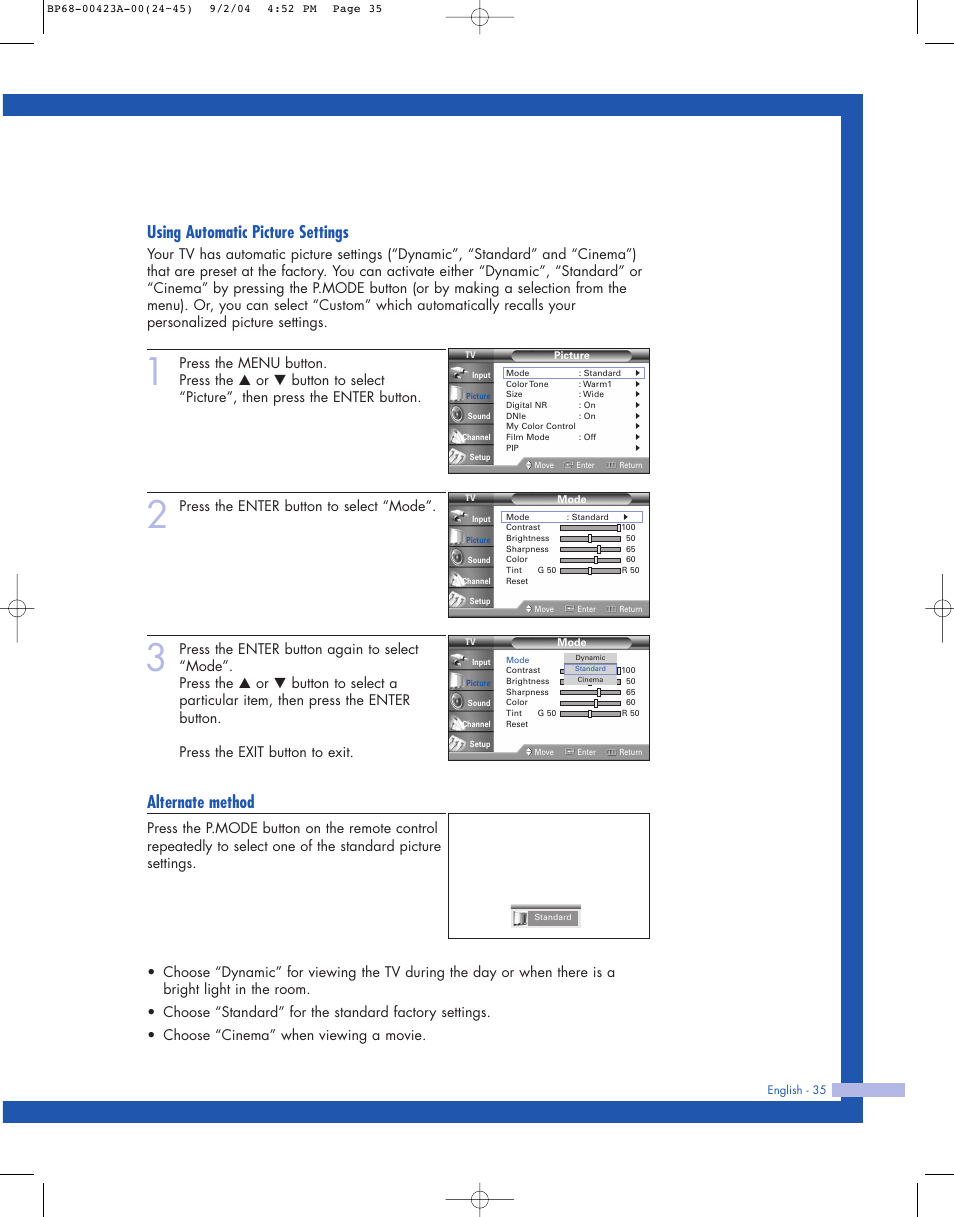 Using automatic picture settings, Alternate method, Press the enter button to select “mode | Samsung HL-P4674W User Manual | Page 35 / 96
