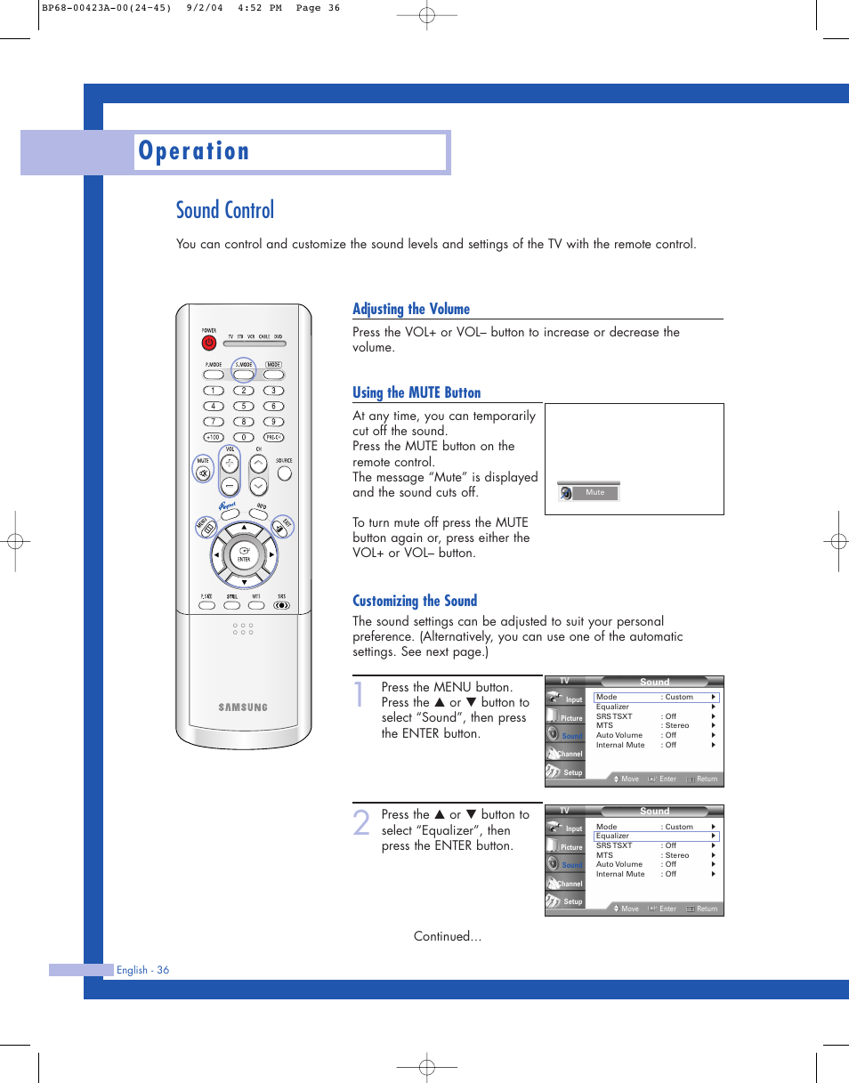 Sound control, Operation, Adjusting the volume | Using the mute button, Customizing the sound | Samsung HL-P4674W User Manual | Page 36 / 96