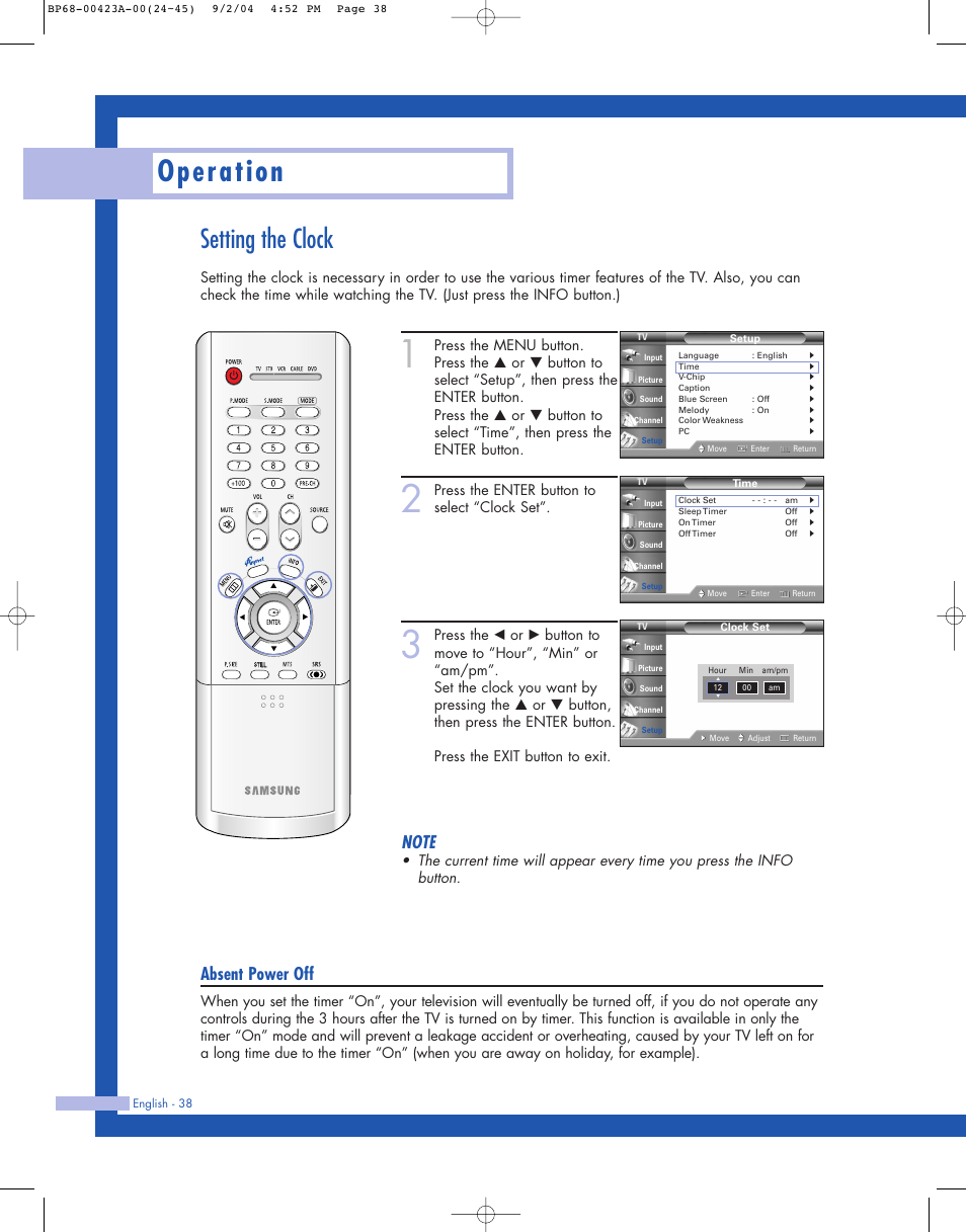 Setting the clock, Operation, Absent power off | Press the enter button to select “clock set | Samsung HL-P4674W User Manual | Page 38 / 96