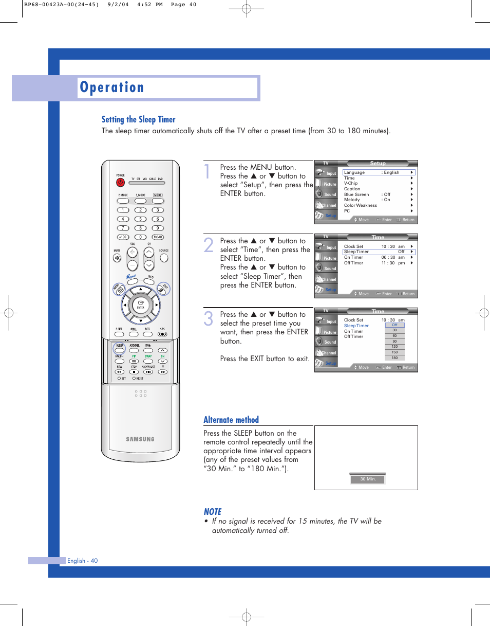 Operation, Setting the sleep timer, Alternate method | Samsung HL-P4674W User Manual | Page 40 / 96