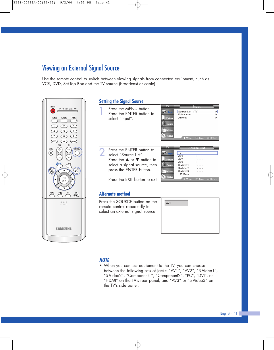 Viewing an external signal source, Setting the signal source, Alternate method | Samsung HL-P4674W User Manual | Page 41 / 96