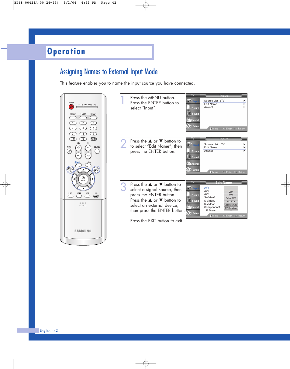 Assigning names to external input mode, Operation | Samsung HL-P4674W User Manual | Page 42 / 96