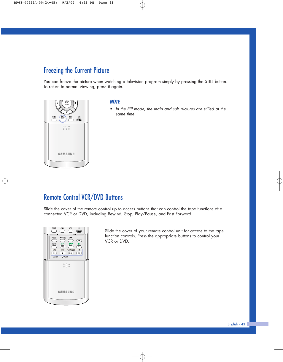 Freezing the current picture, Remote control vcr/dvd buttons | Samsung HL-P4674W User Manual | Page 43 / 96