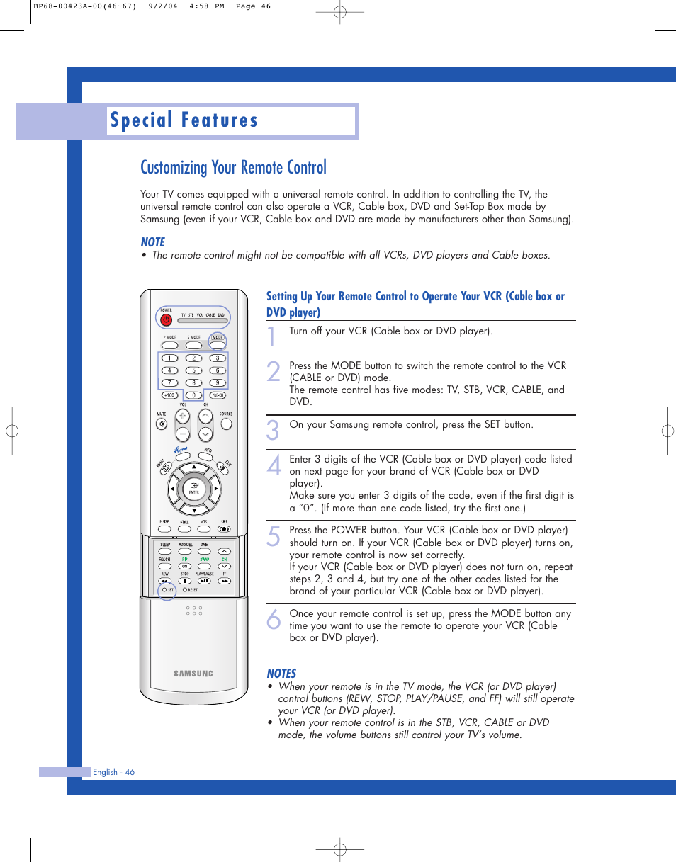 Customizing your remote control, Special features | Samsung HL-P4674W User Manual | Page 46 / 96