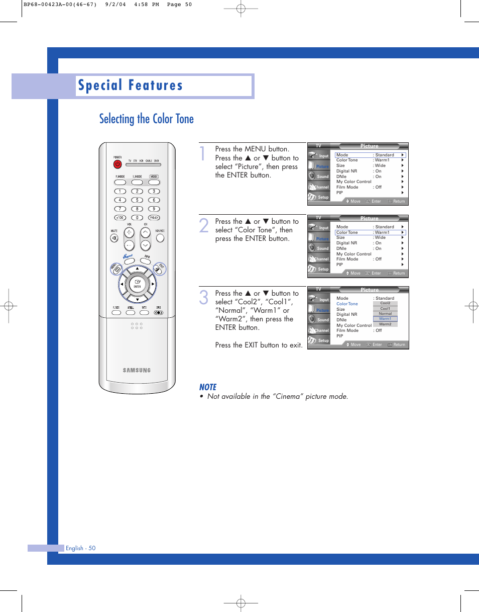 Selecting the color tone, Special features, Not available in the “cinema” picture mode | Samsung HL-P4674W User Manual | Page 50 / 96