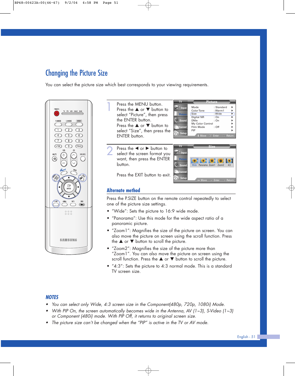 Changing the picture size, Alternate method | Samsung HL-P4674W User Manual | Page 51 / 96