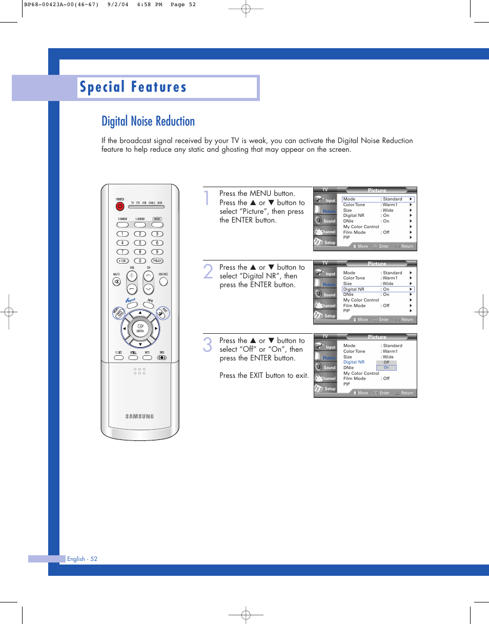 Digital noise reduction, Special features | Samsung HL-P4674W User Manual | Page 52 / 96