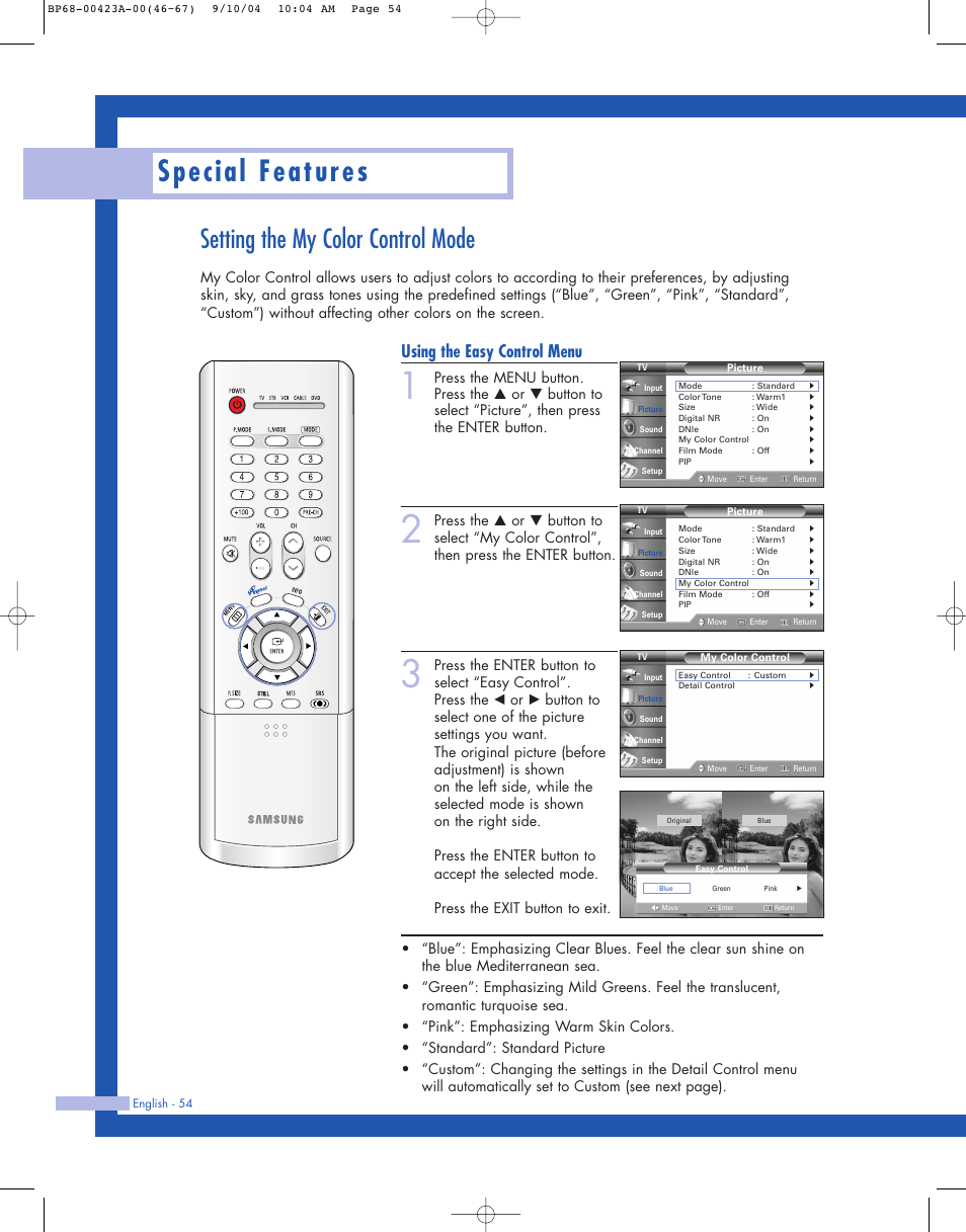 Setting the my color control mode, Special features, Using the easy control menu | Samsung HL-P4674W User Manual | Page 54 / 96