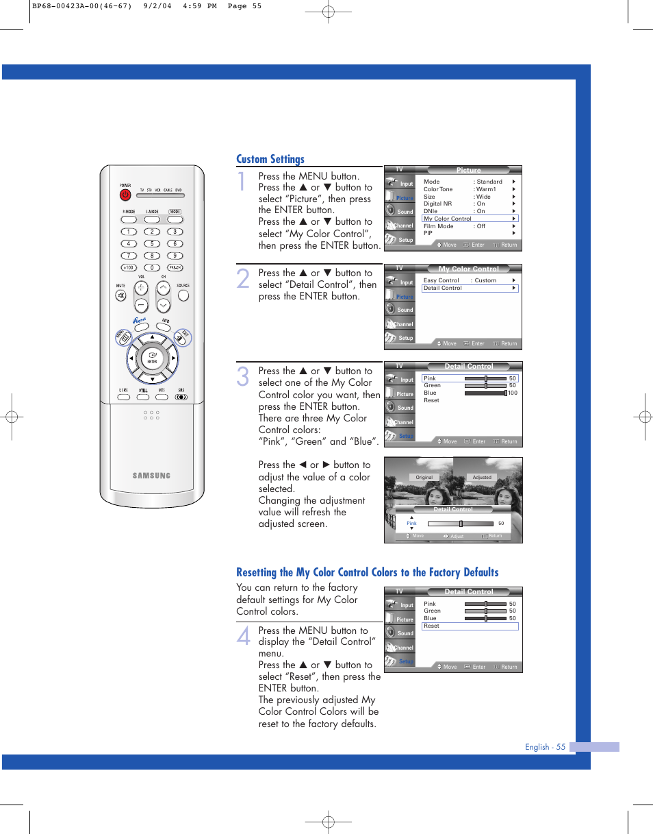 Custom settings | Samsung HL-P4674W User Manual | Page 55 / 96