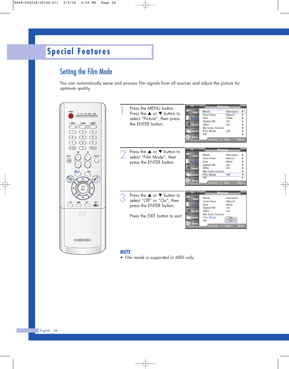 Setting the film mode, Special features, Film mode is supported in 480i only | Samsung HL-P4674W User Manual | Page 56 / 96