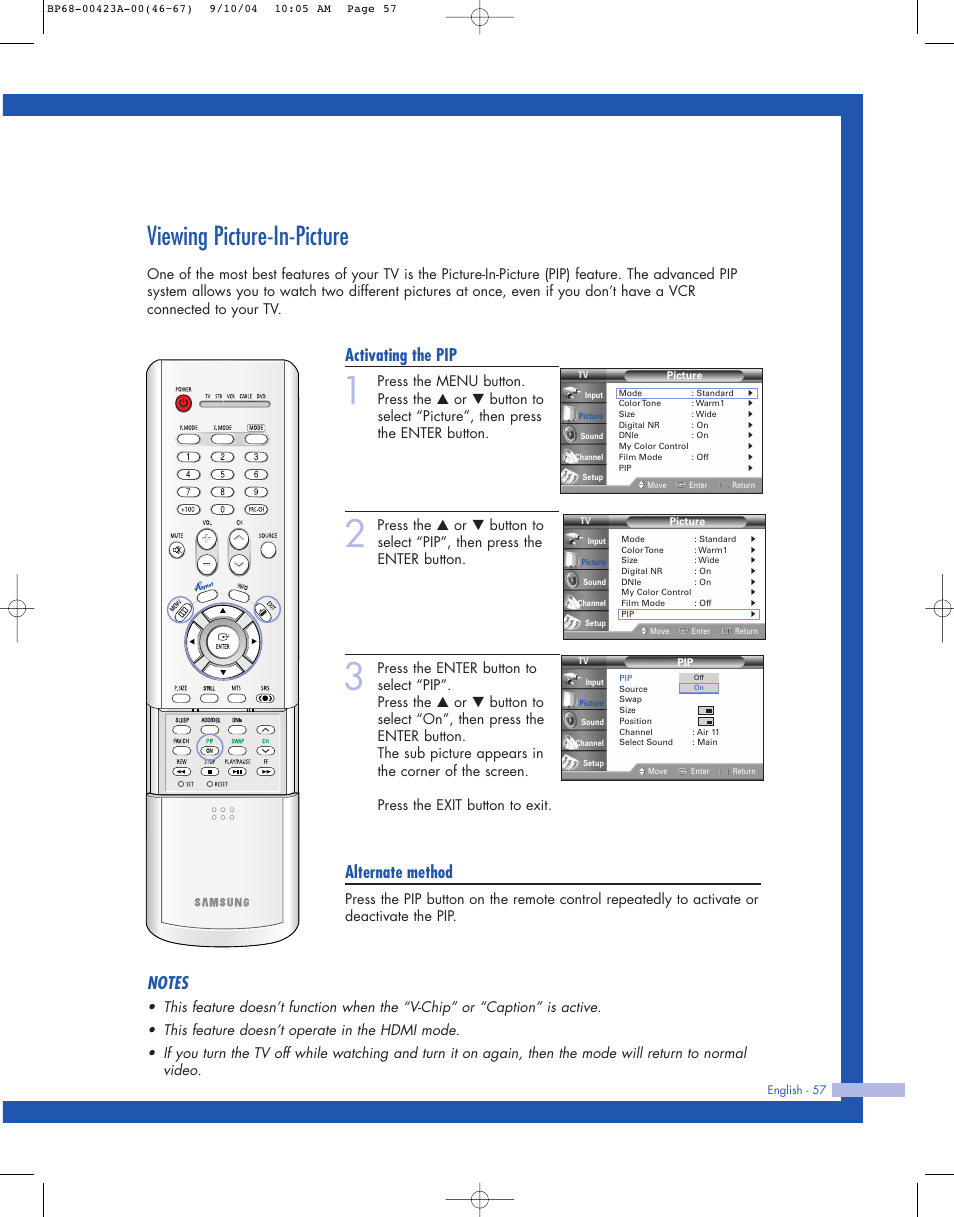 Viewing picture-in-picture, Activating the pip, Alternate method | Samsung HL-P4674W User Manual | Page 57 / 96