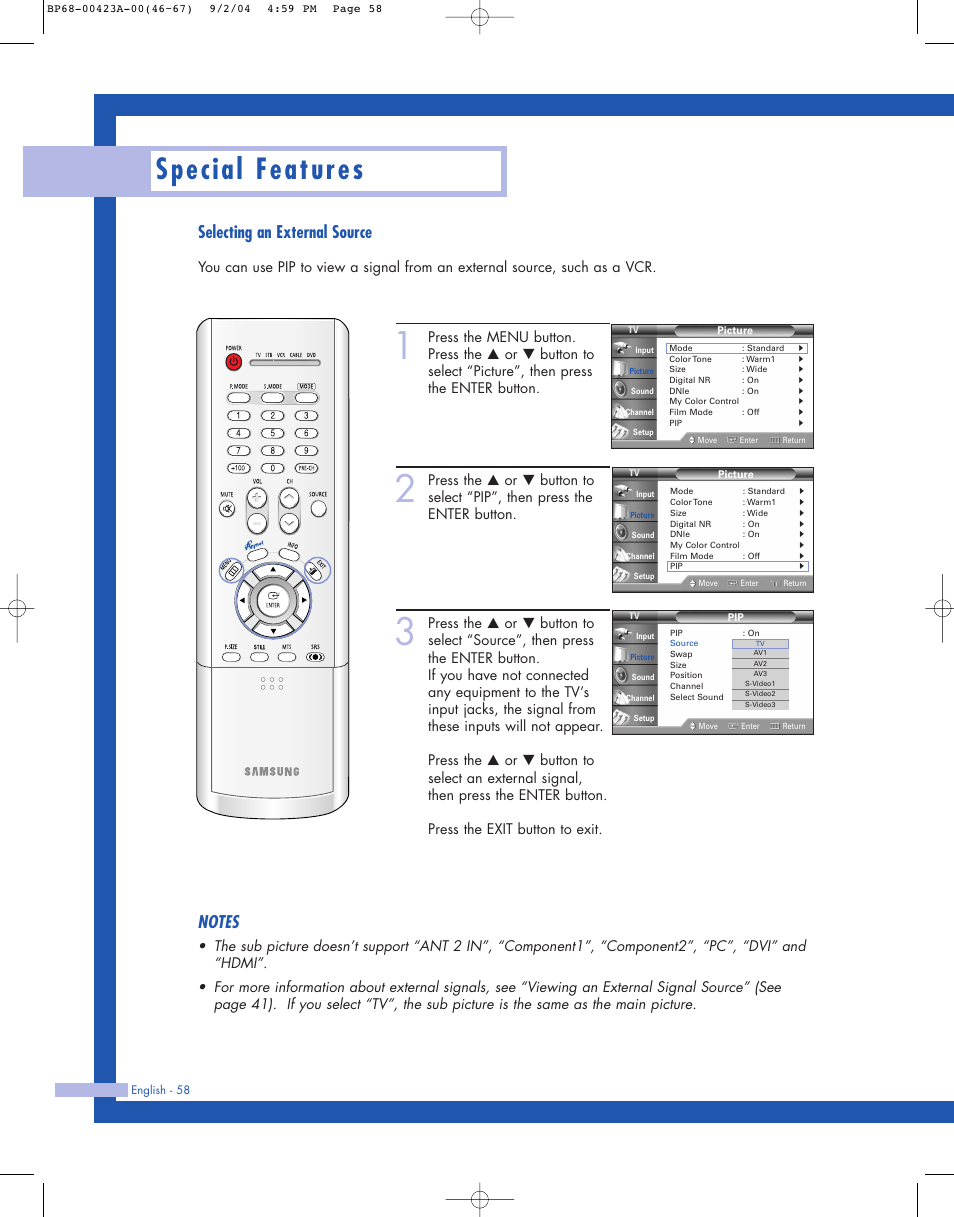 Selecting an external source, Special features | Samsung HL-P4674W User Manual | Page 58 / 96