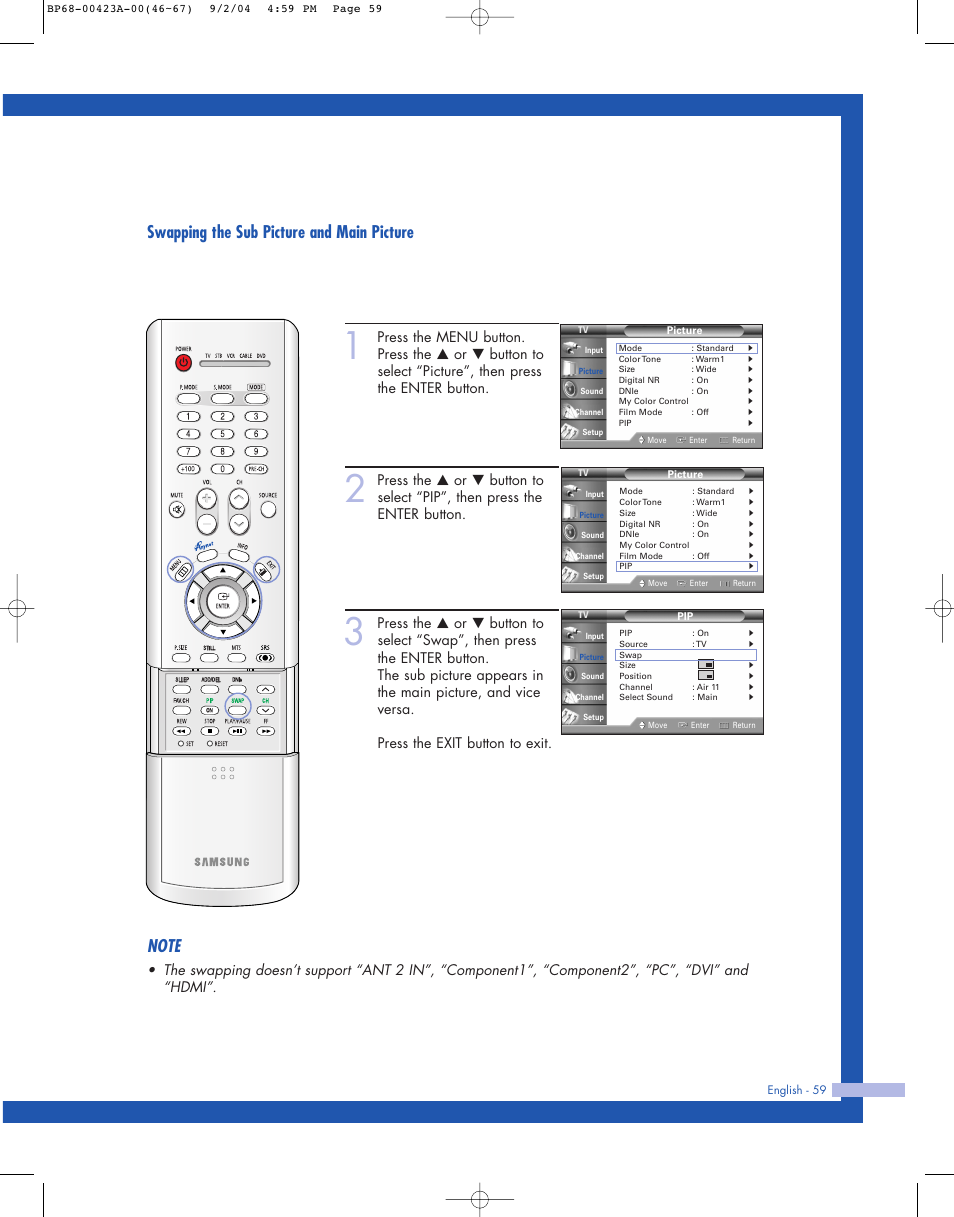 Swapping the sub picture and main picture | Samsung HL-P4674W User Manual | Page 59 / 96