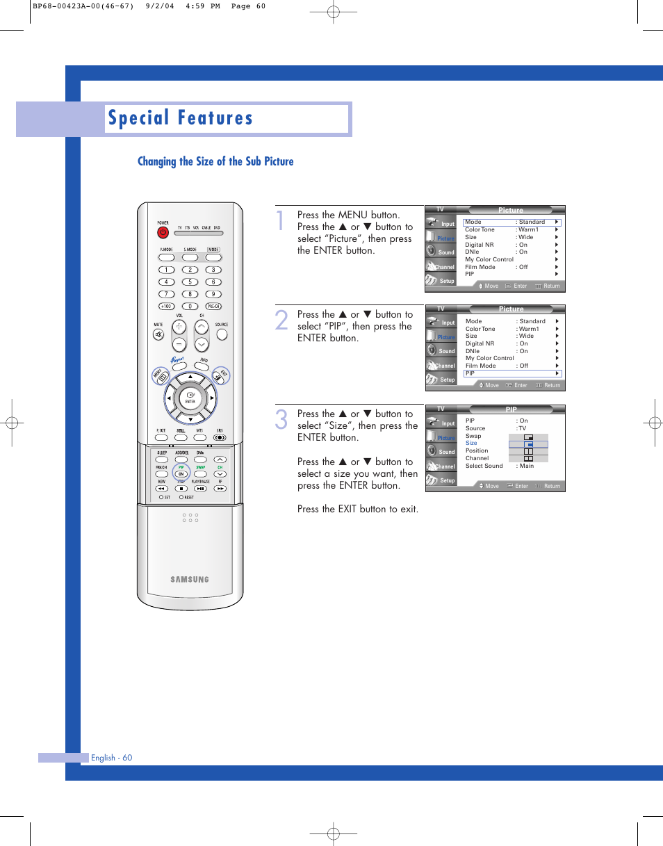 Changing the size of the sub picture, Special features | Samsung HL-P4674W User Manual | Page 60 / 96