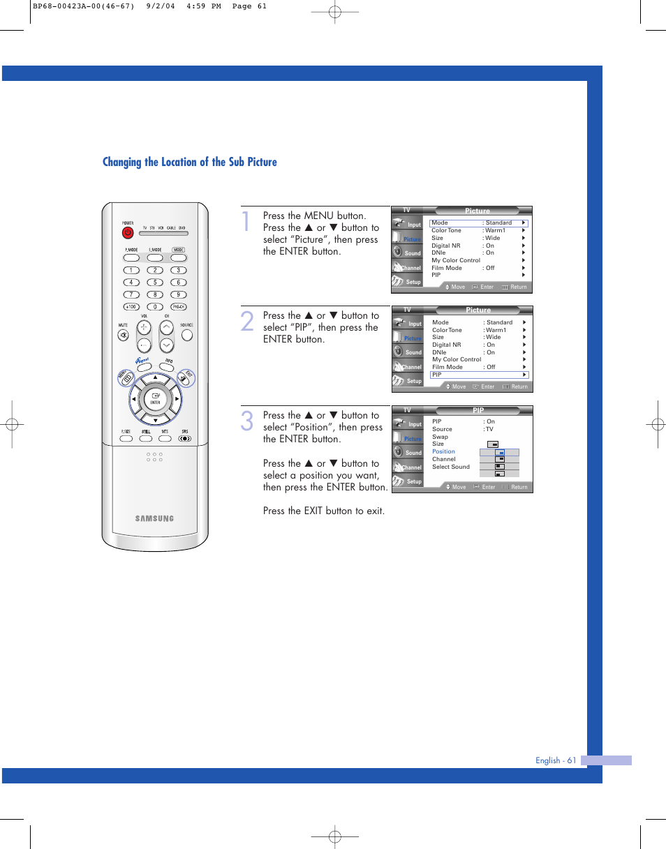 Changing the location of the sub picture | Samsung HL-P4674W User Manual | Page 61 / 96