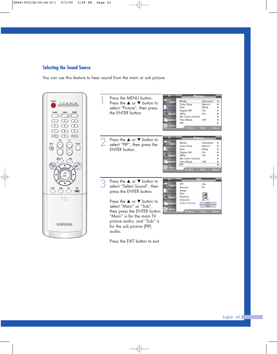 Selecting the sound source | Samsung HL-P4674W User Manual | Page 63 / 96