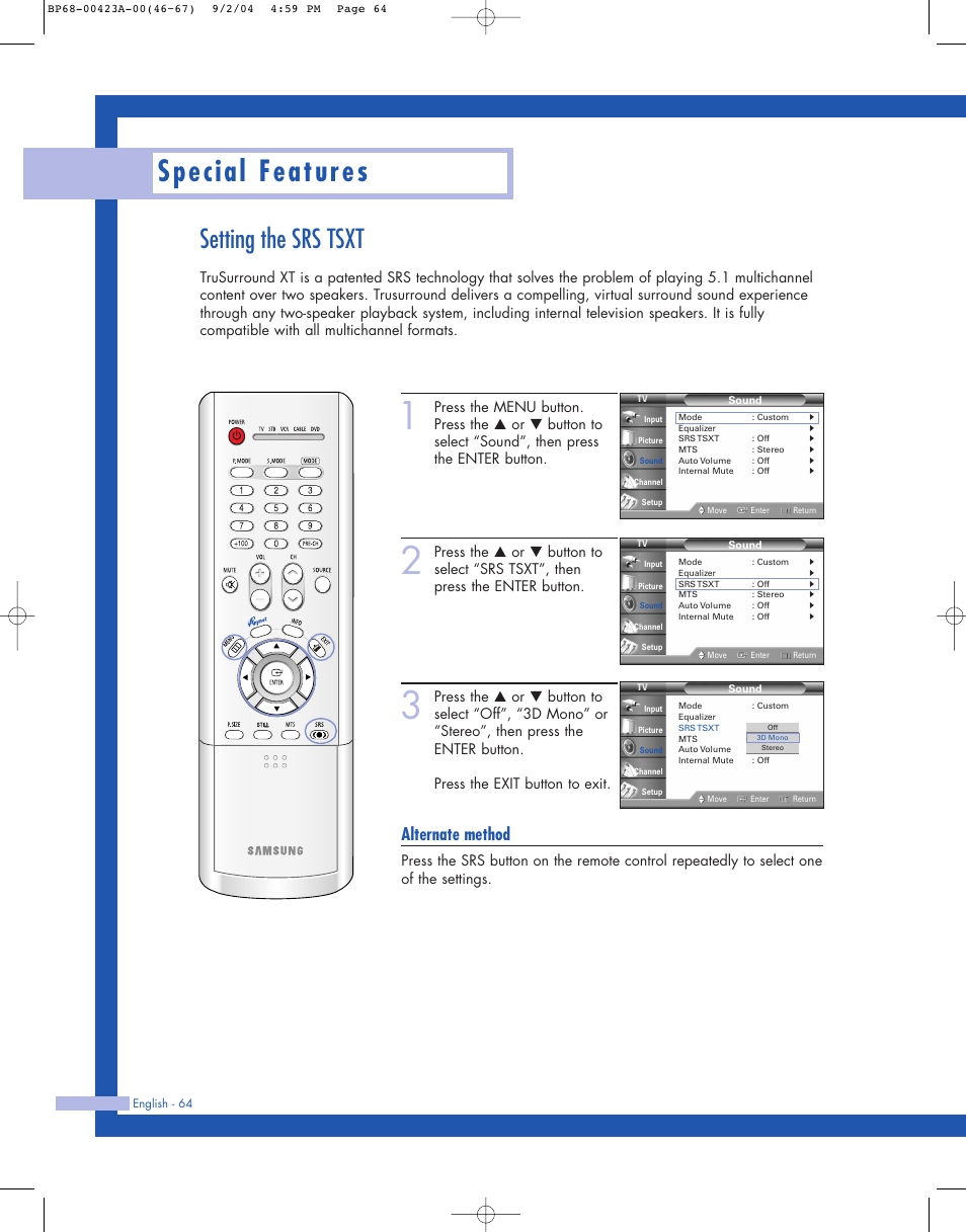 Setting the srs tsxt, Special features, Alternate method | Samsung HL-P4674W User Manual | Page 64 / 96