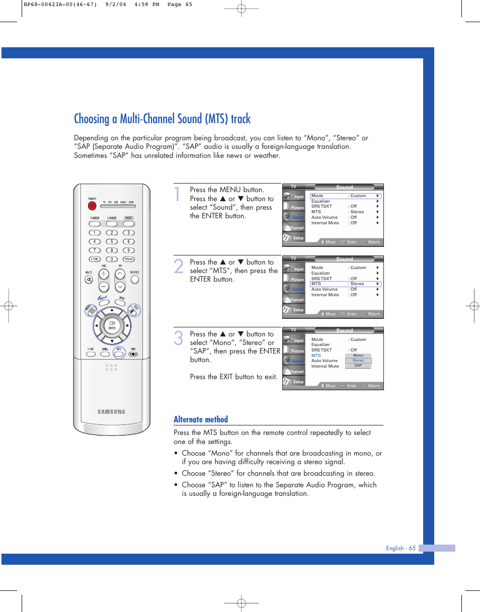 Choosing a multi-channel sound (mts) track, Alternate method | Samsung HL-P4674W User Manual | Page 65 / 96