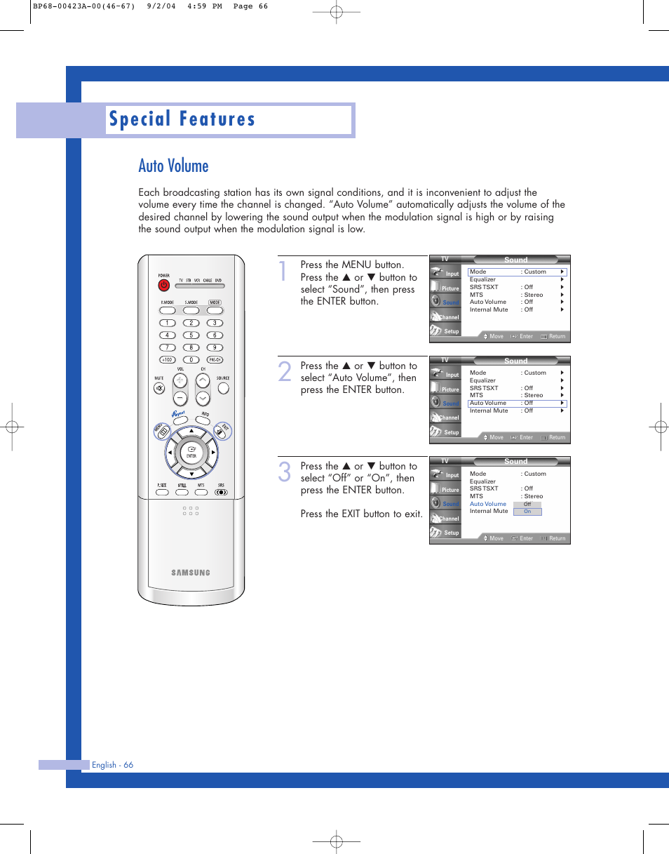 Auto volume, Special features | Samsung HL-P4674W User Manual | Page 66 / 96