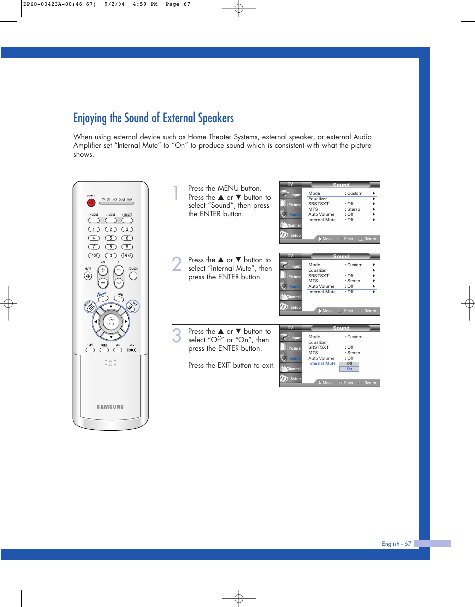 Enjoying the sound of external speakers | Samsung HL-P4674W User Manual | Page 67 / 96