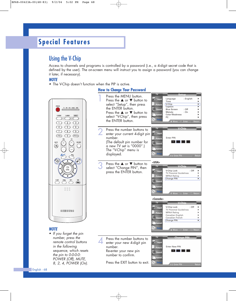 Using the v-chip, Special features, How to change your password | The v-chip doesn’t function when the pip is active | Samsung HL-P4674W User Manual | Page 68 / 96