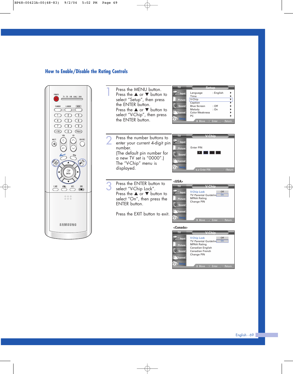 How to enable/disable the rating controls | Samsung HL-P4674W User Manual | Page 69 / 96