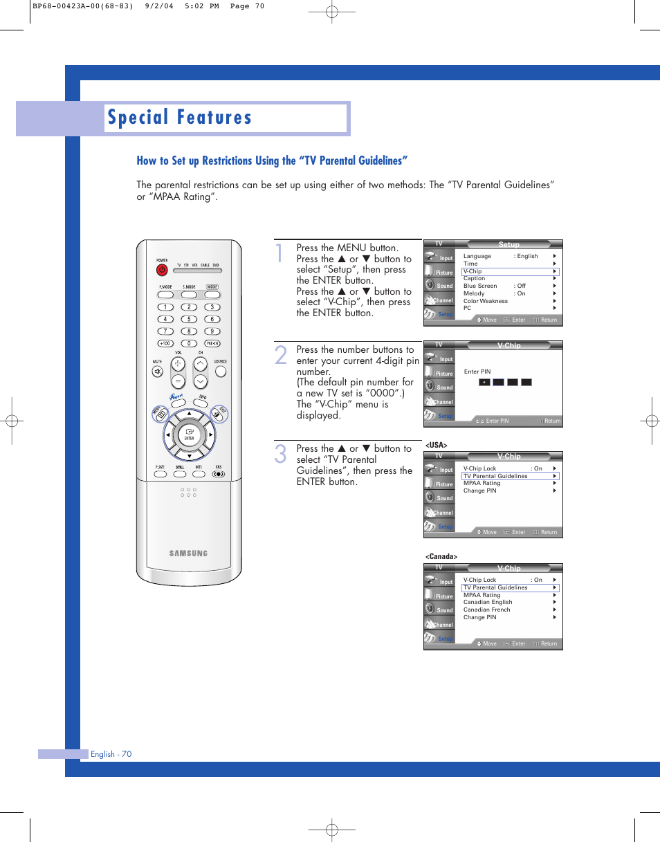 Special features | Samsung HL-P4674W User Manual | Page 70 / 96