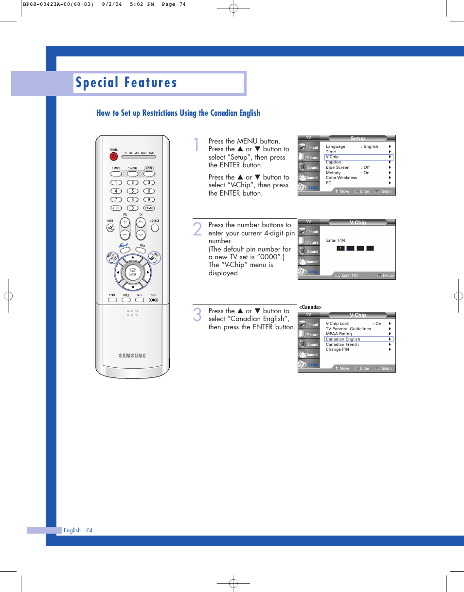 Special features | Samsung HL-P4674W User Manual | Page 74 / 96