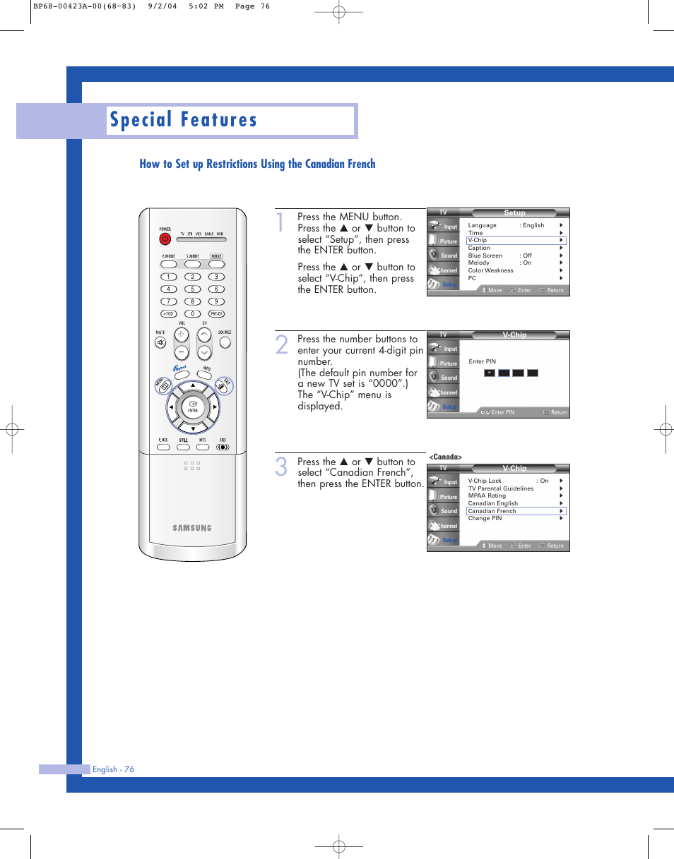 Special features | Samsung HL-P4674W User Manual | Page 76 / 96