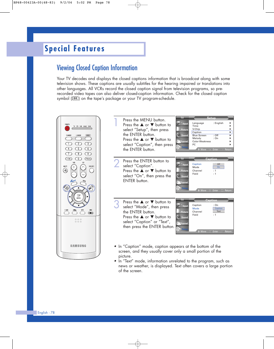 Viewing closed caption information, Special features | Samsung HL-P4674W User Manual | Page 78 / 96