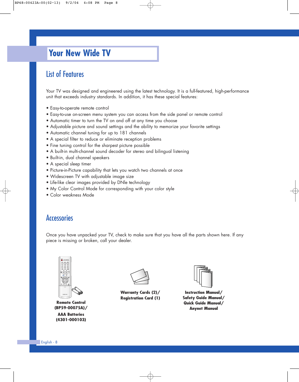 List of features, Accessories, Your new wide tv | Samsung HL-P4674W User Manual | Page 8 / 96