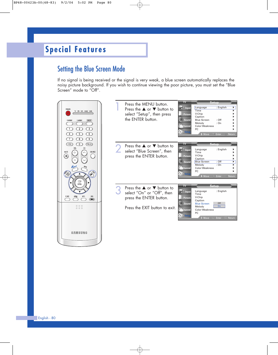 Setting the blue screen mode, Special features | Samsung HL-P4674W User Manual | Page 80 / 96