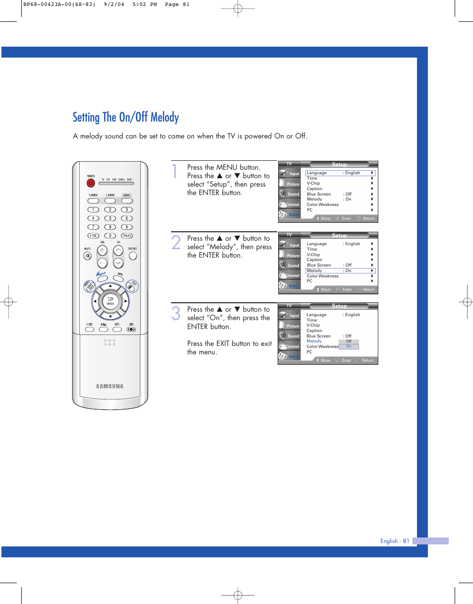 Setting the on/off melody | Samsung HL-P4674W User Manual | Page 81 / 96