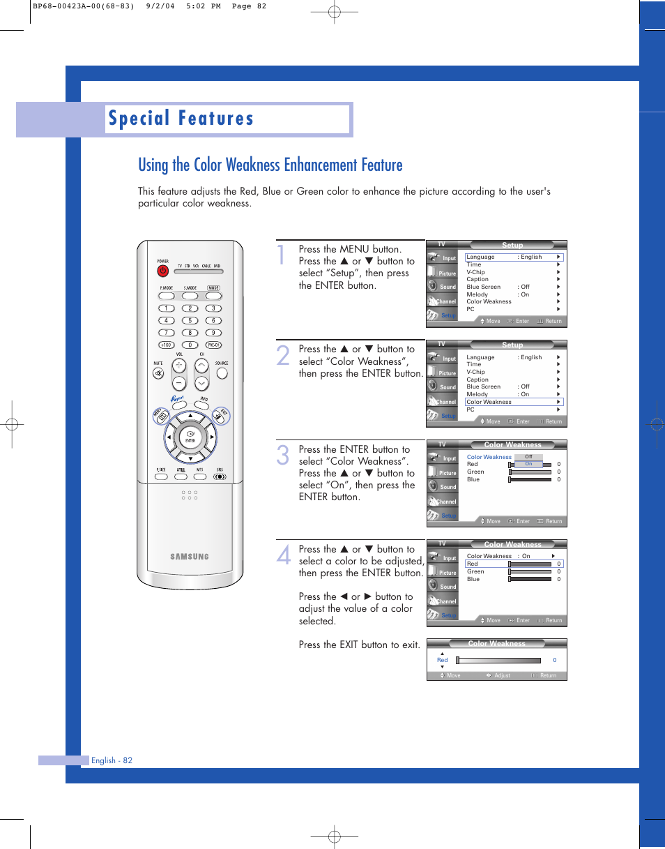 Using the color weakness enhancement feature, Special features | Samsung HL-P4674W User Manual | Page 82 / 96