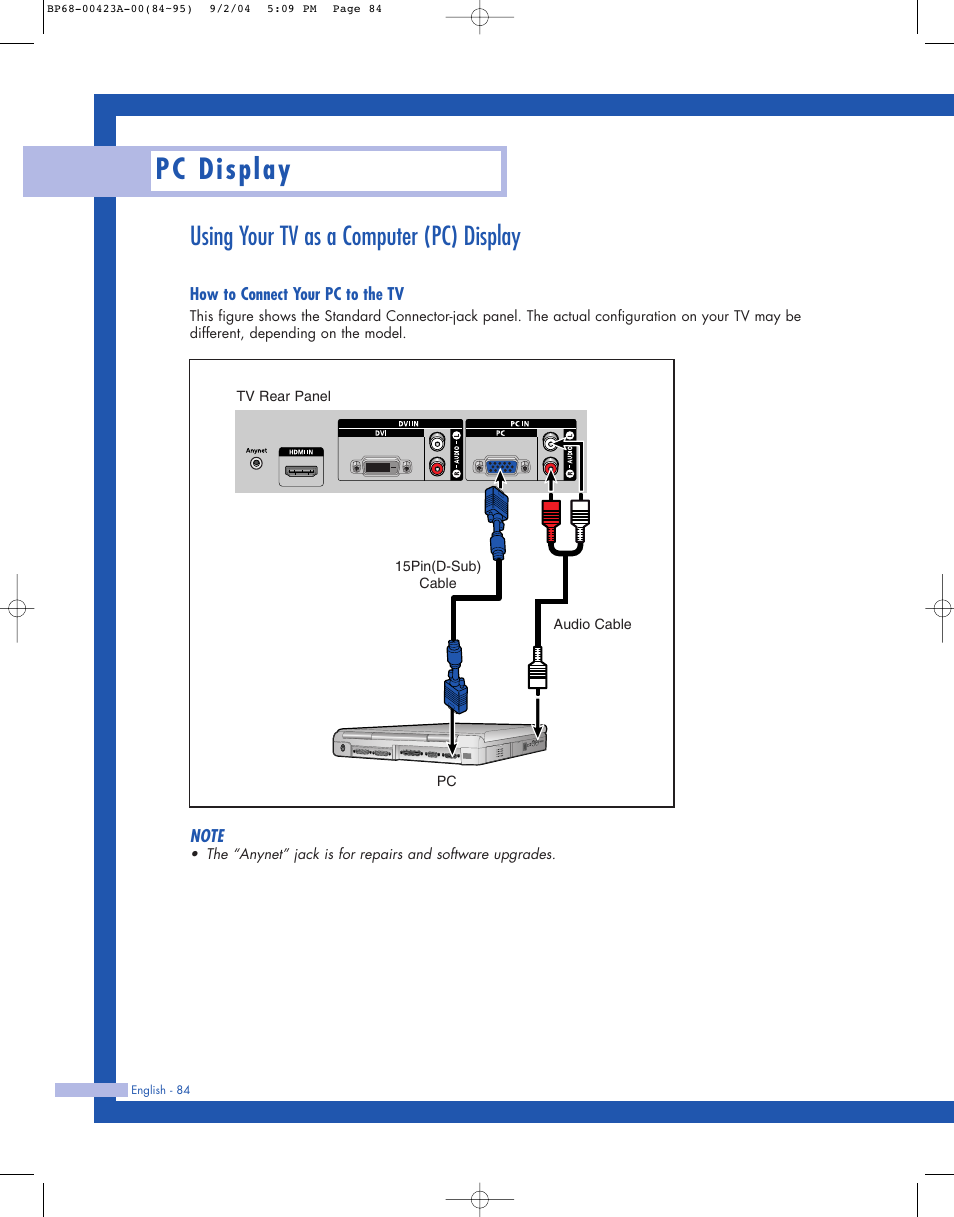 Using your tv as a computer (pc) display, How to connect your pc to the tv, Pc display | Samsung HL-P4674W User Manual | Page 84 / 96