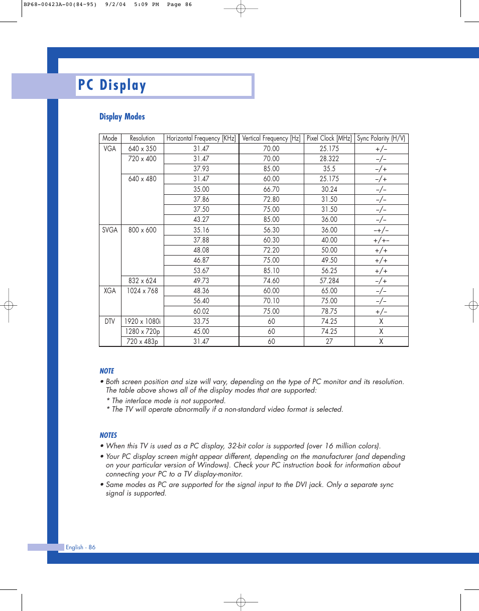 Display modes, Pc display | Samsung HL-P4674W User Manual | Page 86 / 96