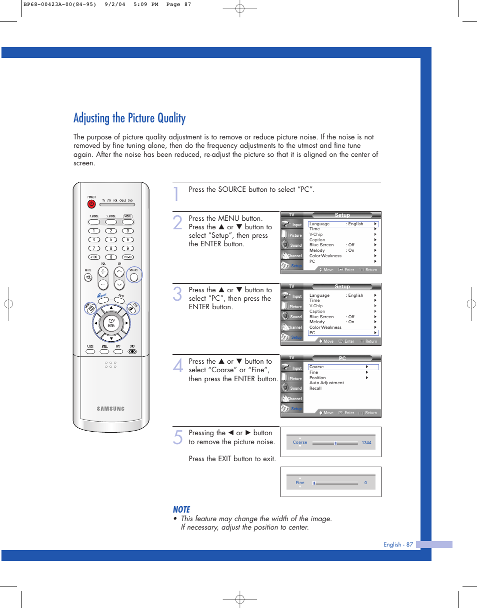 Adjusting the picture quality, Press the source button to select “pc | Samsung HL-P4674W User Manual | Page 87 / 96